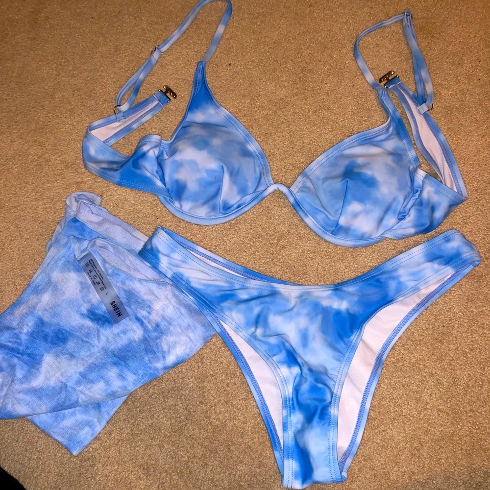 Blue and white tie-dye bikini set with sarong